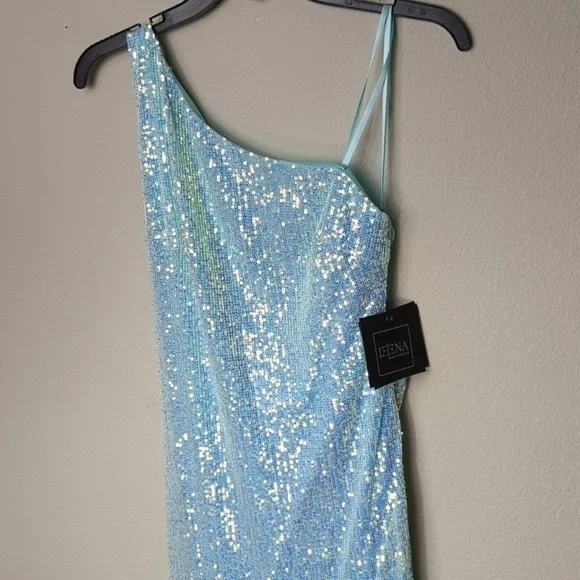 Ieena For Mac Duggal Gown Womens Size 0 Icey Blue Dress Sequined One Shoulder - Picture 4 of 15